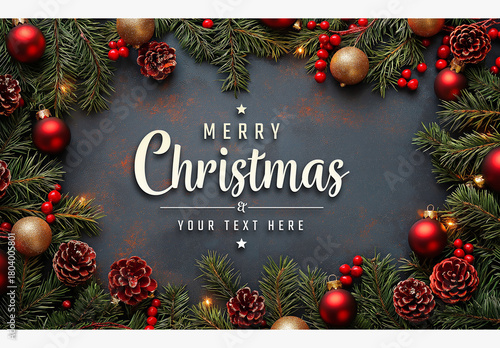 Christmas Card With Decorations On Dark background Mockup