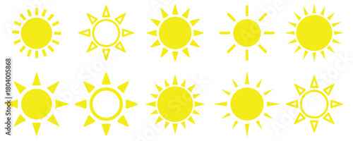 Collection of sun icons in various styles, radiating warmth and energy, perfect for summer themes, weather forecasts, or adding a bright touch to any design isolated on white background