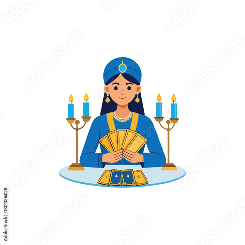 Elegant seer in ornate headwear forecasting future by tarot cards at table illuminated by candles
