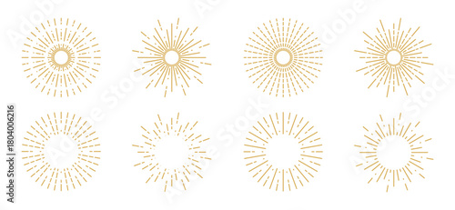 Set of gold boho sun rays line icons with various retro, geometric, and radiating line designs