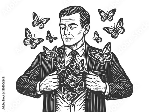 man opening his suit to release butterflies, representing emotional transformation and inner freedom sketch engraving generative ai vector illustration. Scratch board imitation. Black and white image.