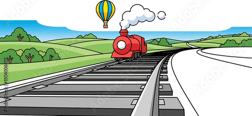 A charming cartoon illustration of a red steam train on a railway through a verdant landscape, transitioning into a black and white line art for coloring