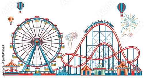 Vibrant Amusement Park Scene with Ferris Wheel, Roller Coaster, and Hot Air Balloons