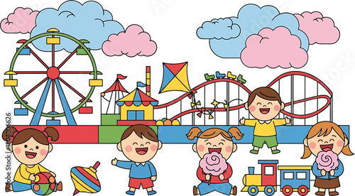 Joyful cartoon children having a wonderful time at a bright and colorful amusement park with exciting rides and playful activities, illustrating childhood fun