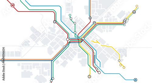 Abstract colorful city transit network map with interconnected routes and stations on a minimalist background, symbolizing efficient urban public transport and connection
