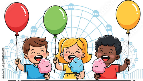 Happy diverse children at funfair, eating cotton candy, holding balloons, Ferris wheel backdrop, pure childhood delight, amusement park fun