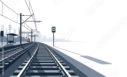 Stylized Vector Illustration of Modern Railway Tracks Curving Towards a Contemporary City Skyline, Emphasizing Urban Transport, Future Journeys, and Connectivity
