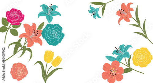 Beautiful floral arrangement with roses, lilies, tulips, and various other colorful flowers, ideal for a spring or summer design