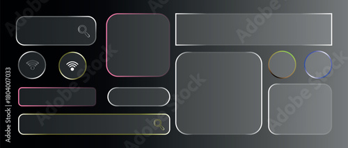 Light frame liquid glass, glass panel set for mobile and web app, tech board frame in futuristic style. HUD element interface, vector illustration.