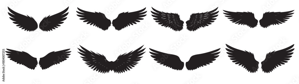 Fototapeta premium Set of wings vector, bird fairy angel butterfly graphic, isolated feather element, freedom flight symbol, decorative design collection, mystical fantasy illustration, animal anatomy