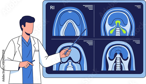 Medical professional pointing at a CT scan of the nasal cavity and sinuses on a digital display