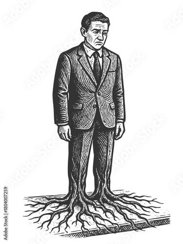 man in a suit with tree roots growing from his legs, being stuck, stagnant, or deeply tied down sketch engraving generative ai fictional character vector illustration. Scratch board. Black and white.