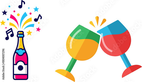Champagne Celebration Toast with Musical Notes and Colorful Confetti – Joyful Festive Party Elements