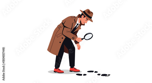 Detective inspecting footprints with magnifying glass, wearing trench coat and fedora.