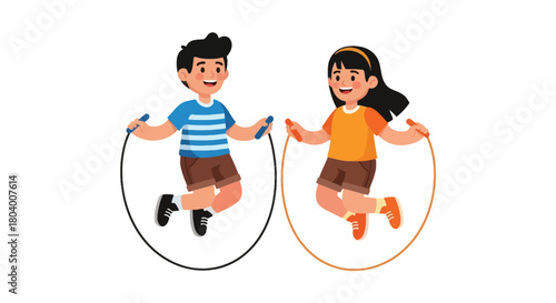 Two children jumping rope with smiles on their faces.