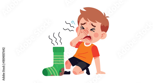Little boy crying and holding nose because of stinky sock