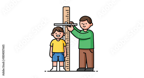 Father measuring his son's height with a big smile