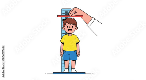 Cartoon illustration of a smiling young boy having his height measured with a stadiometer during a medical checkup.
