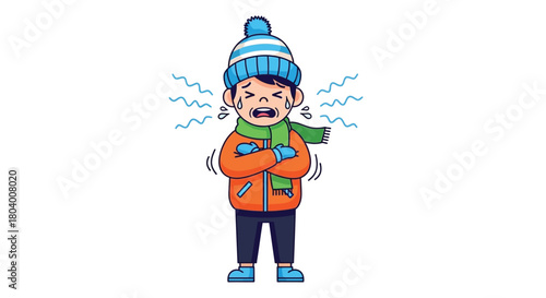Cute boy feeling very cold in winter shivering with arms crossed