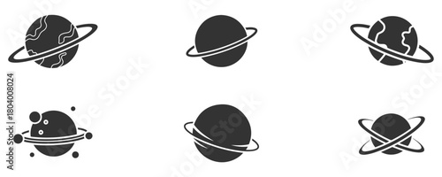Collection of black and white planet icons with rings isolated on white background, perfect for space exploration, astronomy, or science fiction themed designs and projects