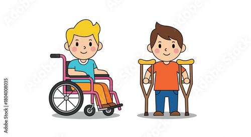 Cute illustration of two disabled children smiling, one using a wheelchair and the other using crutches.