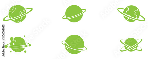 Collection of green planet icons with rings isolated on white background, perfect for ecofriendly space exploration, astronomy, or science fiction themed designs and projects