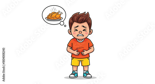Cartoon boy with a sad expression holding his stomach, thinking about a plate of roasted chicken, illustrating hunger or stomach ache.
