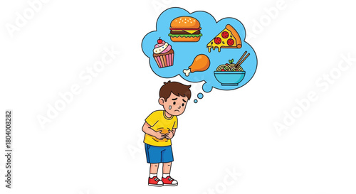 A young boy experiencing stomach pain, visualized with a thought bubble of various tempting foods.