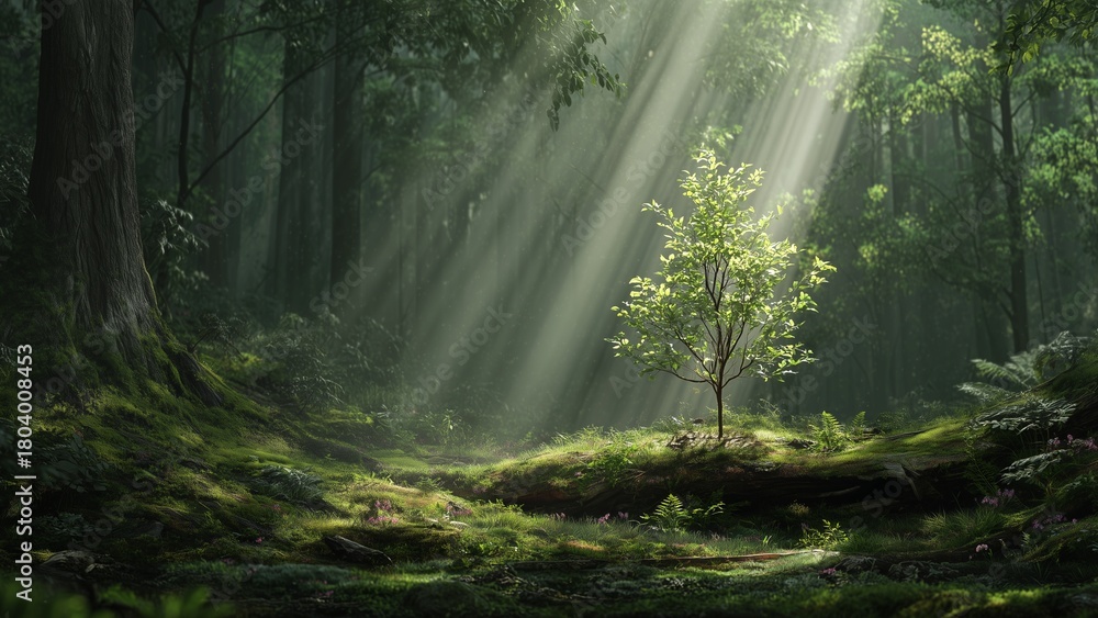 Obraz premium Green Forest Clearing: Photorealistic Scene with Beam of Light Hitting One Young Tree, Symbol of Hope and Recovery.