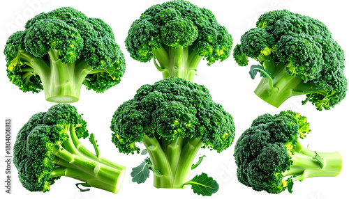 Collection of green broccoli florets, isolated against white