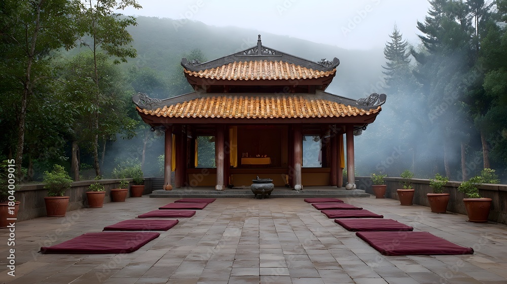 Fototapeta premium A traditional East Asian pavilion stands serenely on a paved courtyard with rows of meditation mats set against a misty mountainous backdrop