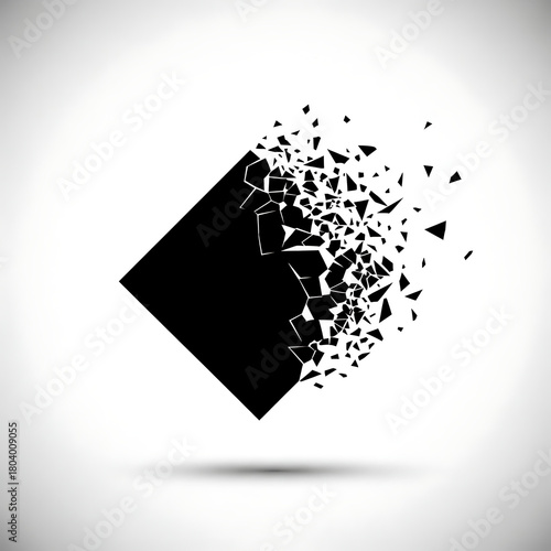 Black square breaking into pieces on white background, cyber monday,