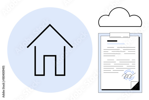 Minimalist house icon next to a digitally signed document and cloud storage symbol. Ideal for real estate, e-signatures, cloud storage, remote work, document management, contracts, simple flat