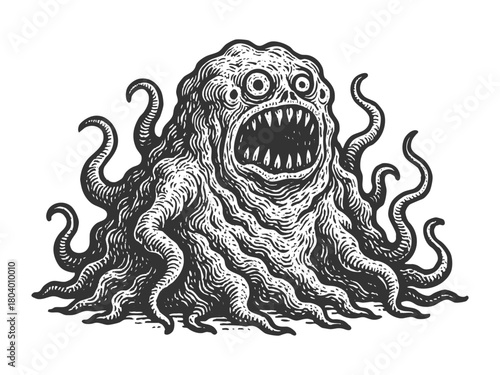 monster with tentacles and sharp teeth sketch engraving generative ai fictional character vector illustration. Scratch board imitation. Black and white image.