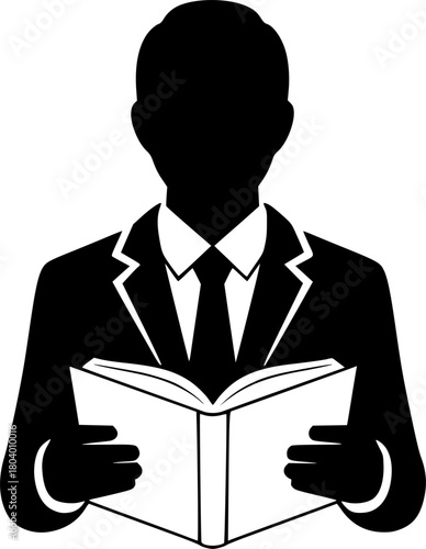 Monochrome vector silhouette of a businessperson in a suit reading an open book
