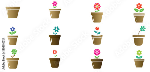 A collection of charming flower pot icons, each showcasing a unique blossom in vibrant hues, isolated on white background these delightful designs bring a touch of natures beauty