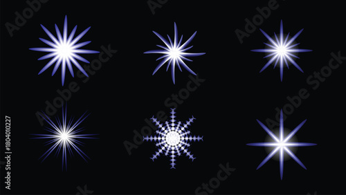 Collection of six glowing starbursts and light flares with sharp points and radiating beams, set against a stark black background, symbolizing energy and brilliance