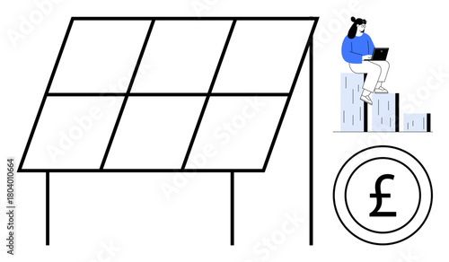 Solar panel installation with pound currency symbol and person working on laptop over a bar graph. Ideal for sustainability, renewable energy, financial growth, analysis, eco-investments, green