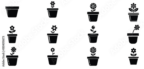 A collection of charming flower pot icons, each showcasing a unique blossom in monochrome, isolated on white background these delightful designs bring a touch of natures beauty