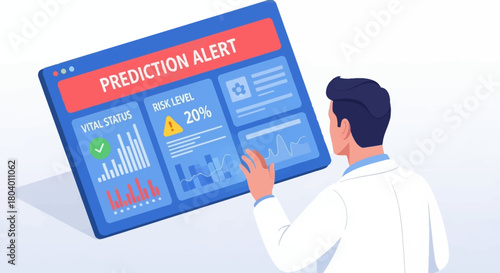 Medical professional reviews a digital prediction alert system displaying vital status and risk level data, highlighting advanced healthcare technology and analytical insights