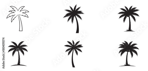 A collection of palm tree icons, each showcasing a unique silhouette, isolated on white background these delightful designs bring a touch of tropical paradise