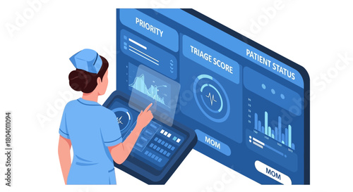 Healthcare professional interacts with digital medical system interface in a hospital setting