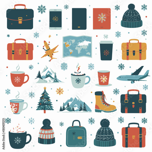 A vibrant collection of winter and travel-themed illustrations, featuring suitcases, warm drinks, snowy mountains, airplanes, and cozy accessories, all surrounded by falling snowflakes.
