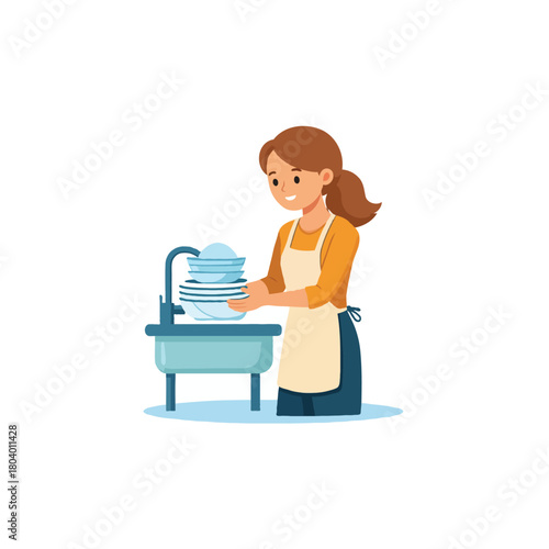 Illustrative depiction of a woman diligently washing dishes in the kitchen after meal preparation