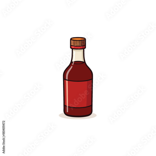 Illustrative liquid condiment in glass bottle presents a simple graphic depiction of a tasty