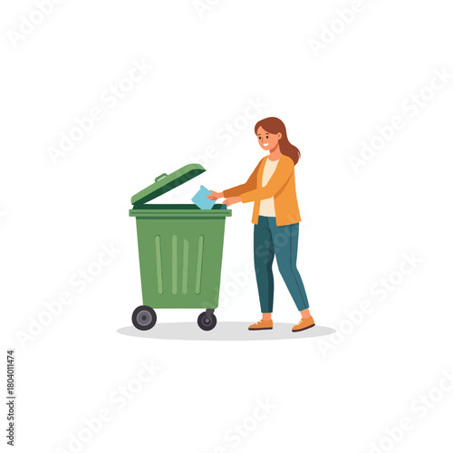 Illustrative portrayal of a woman responsibly disposing of waste in a vibrant green wheeled