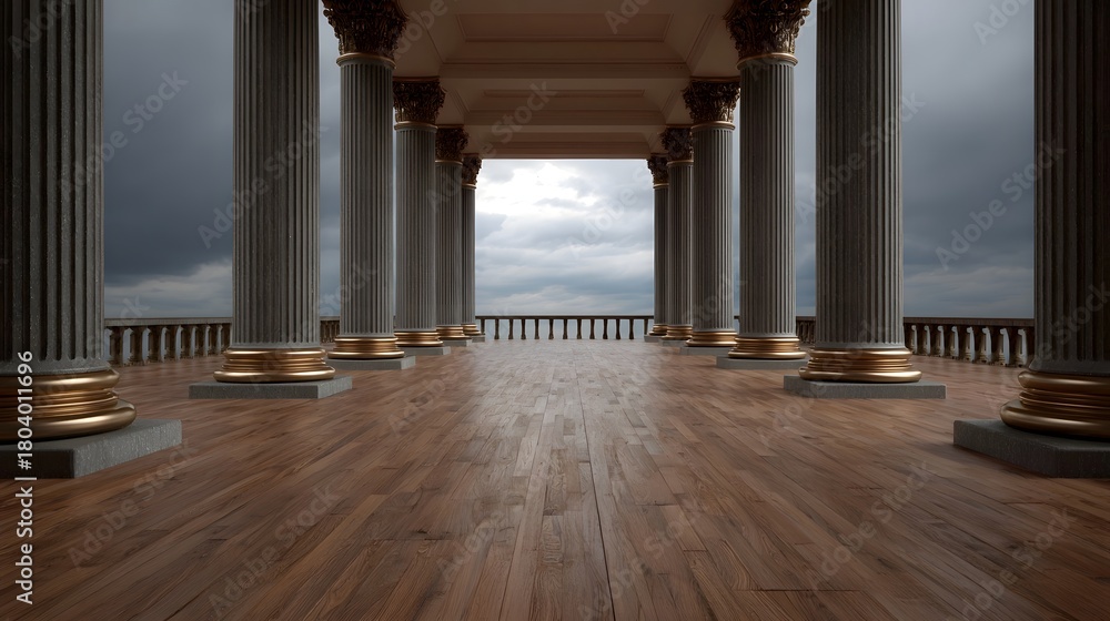 Obraz premium A grand classical walkway with ornate columns and a wooden floor opening to a dramatic sky filled with clouds