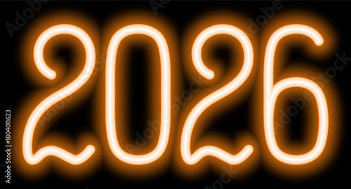 2026. Neon. Fiery shining number. New Year. Color vector illustration. Isolated on black background. Idea for web design, banner.