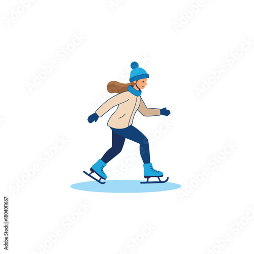 Joyful young woman gracefully glides across the ice rink showcasing winter leisure activity and