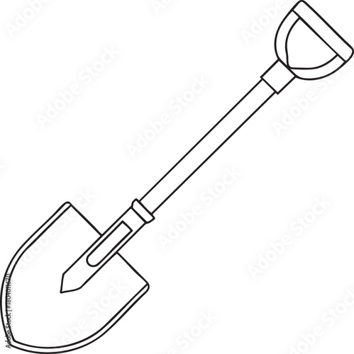 Garden shovel outline illustration showing classic d handle digging tool for landscaping and outdoor work